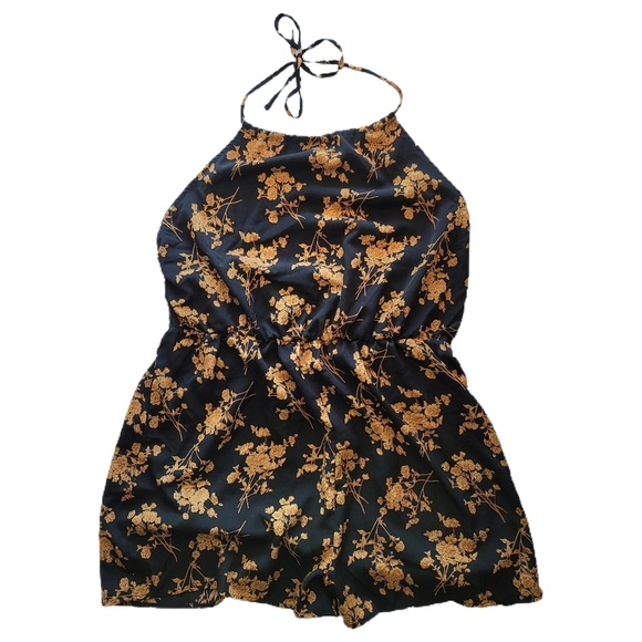 Shein Romper 2XL Black Floral Sleeveless Halter